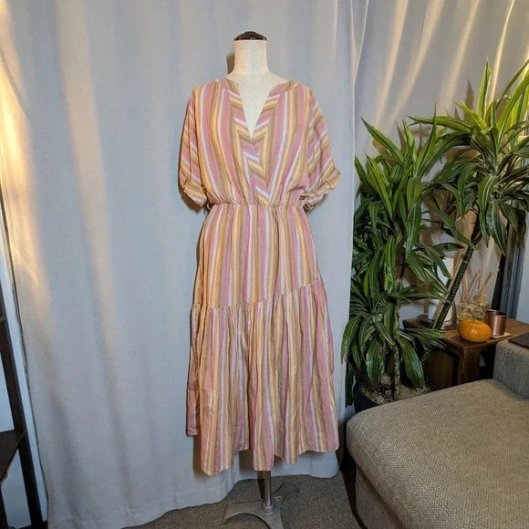 Xirena Drue Midi Dress Orange Pink Neopolitan Stripes Pockets Small - Picture 3 of 10